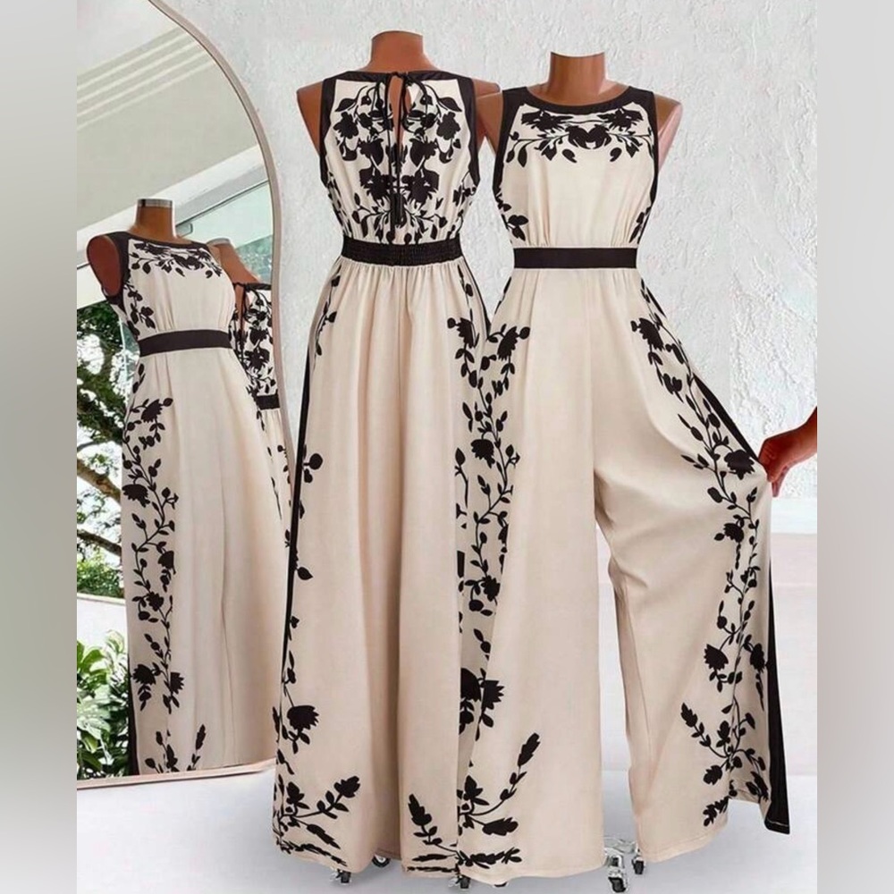 Elegant Black and Cream Floral Jumpsuit
